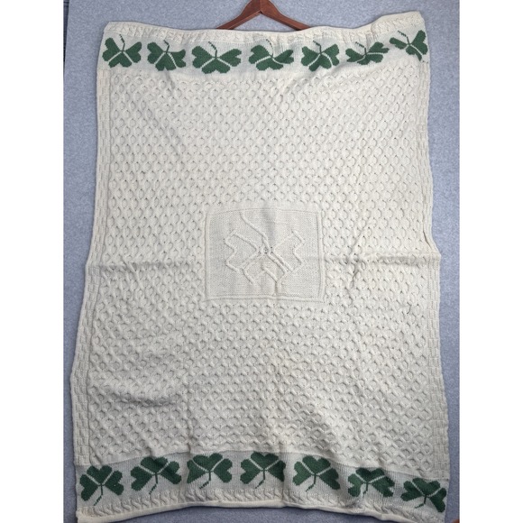 Aran Isles Knitwear 100% Merino Wool Irish Throw Blanket Shamrock 40x60 Cable
